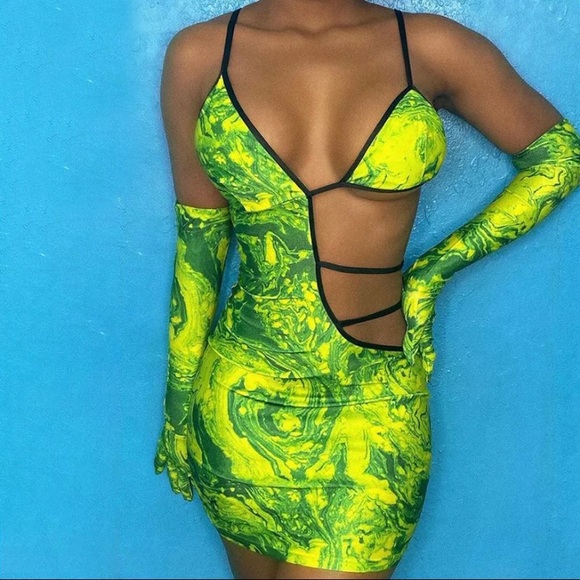 Dresses & Skirts - Psychedelic Exotic Dancer Cut Out Mini Dress & Matching Gloves